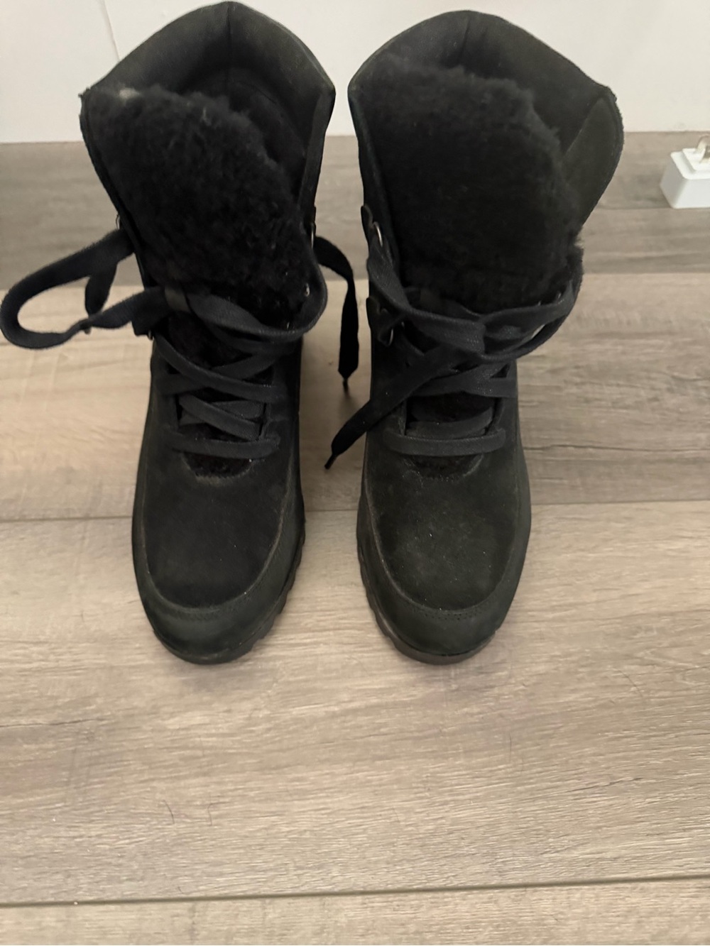 UGG Women's Black Lace-Up Shearling-Trim Heeled Wedge Boots